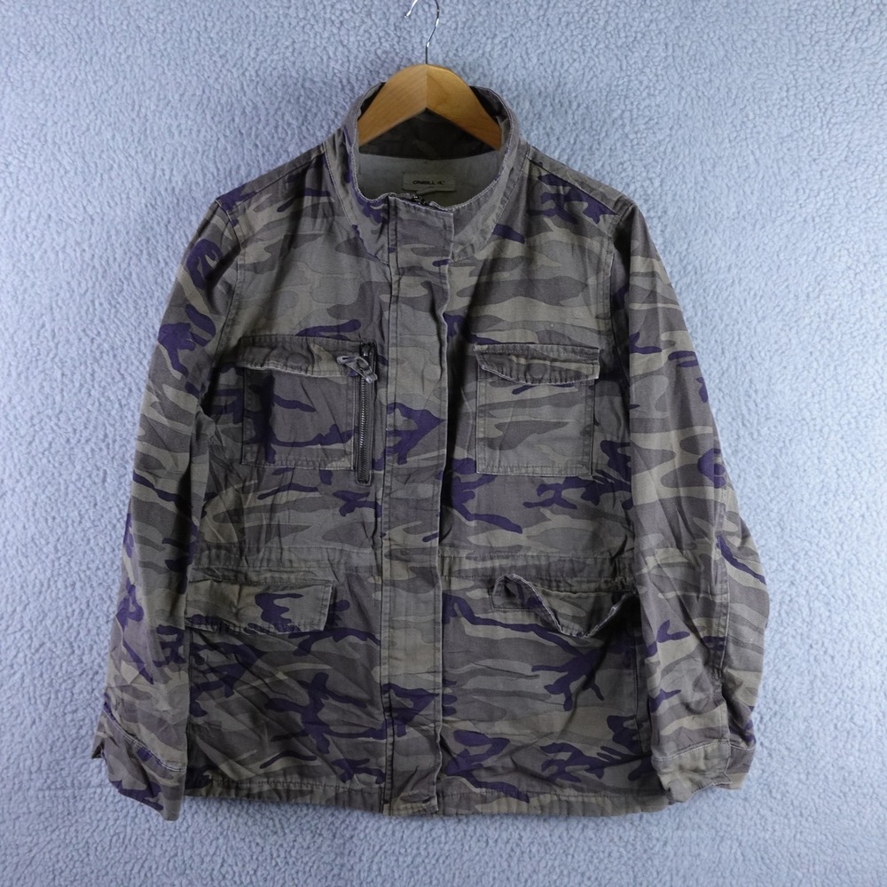 O'Neill Womens Camo Utility Jacket Green Canvas Full Zip Mock‎ Neck Large